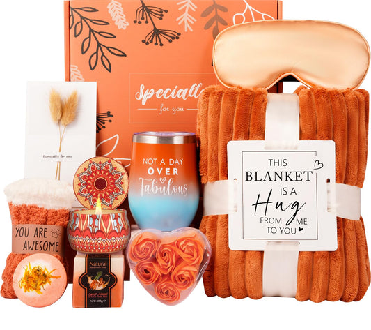 Fall Gifts for Women Orange,Halloween, Birthday Gifts for Mom Her Wife Friend W/Fall Candle,Fall Home Decor,Self Care Get Well Gifts Spa Set, Christmas Thanksgiving Halloween,Boo Basket Gifts Box Cozy